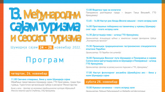 Sajam turizma u Kragujevcu od 24. do 26. novembra 2022. godine