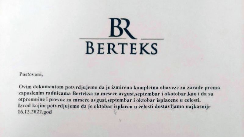 Kompanija Berteks isplatila sva dugovanja radnicama u Kragujevcu